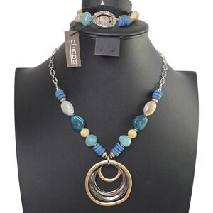 Chicos‎ Necklace Bracelet Set Blue Beige Teal Beaded Statement Jewelry boho chic